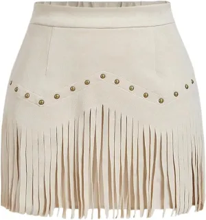 SweatyRocks Women's Faux Suede Fringe Skirt High Waisted Tassel Mini Cowgirl Skirts