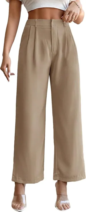 SweatyRocks Women's High Elastic Waist Zip Up Pleated Pants Casual Straight Leg Solid Dress Pants