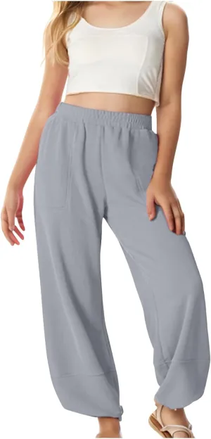 Teen Girls Palazzo Pants 2025 Summer Casual Cotton Linen Trousers Lightweight Elastic Waist Preppy Solid Loose Pant