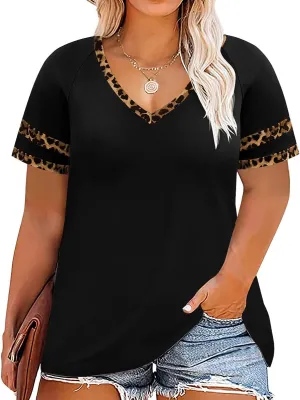 TIYOMI Plus Size Tops for Women V Neck Raglan T-Shirt Short Sleeve Summer Shirts Casual Loose Tunic Blouse