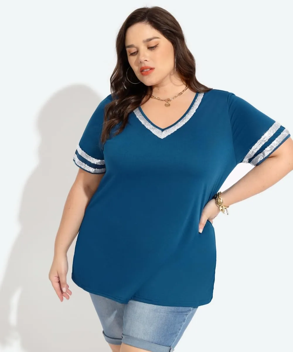 TIYOMI Plus Size Tops for Women V Neck Raglan T-Shirt Short Sleeve Summer Shirts Casual Loose Tunic Blouse