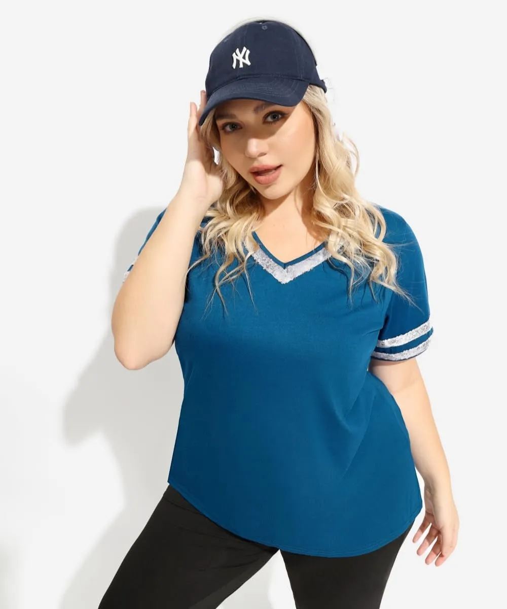 TIYOMI Plus Size Tops for Women V Neck Raglan T-Shirt Short Sleeve Summer Shirts Casual Loose Tunic Blouse