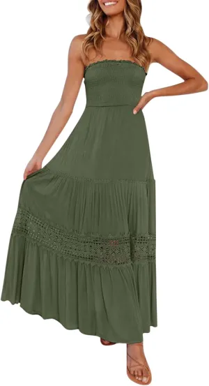 Tube Dresses For Women Maxi 2025 Summer Bohemian Strapless Sundress Off Shoulder Lace Trim Flowy A Line Beach Dress