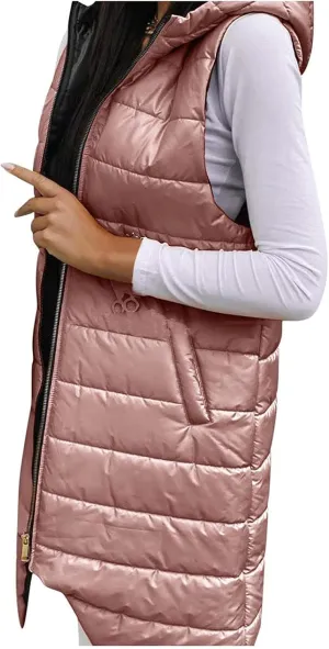 tuduoms Women's Vest Hooded Lightweight Zip Quilted Vest for Women, Winter Cotton Padded Zipper Long Vest Jacket Waistcoat