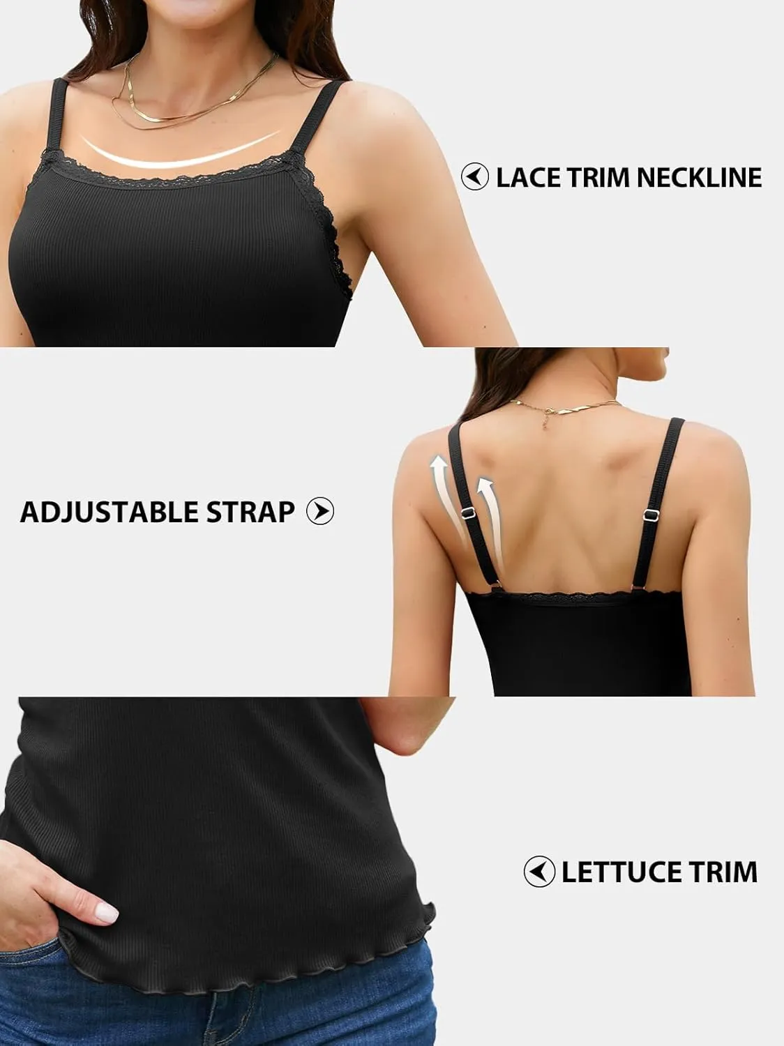V FOR CITY Camisoles for Women with Built-in Bra Lace Trim Cami Adjustable Spaghetti Strap Lettuce Hem Ribbed Tank Top