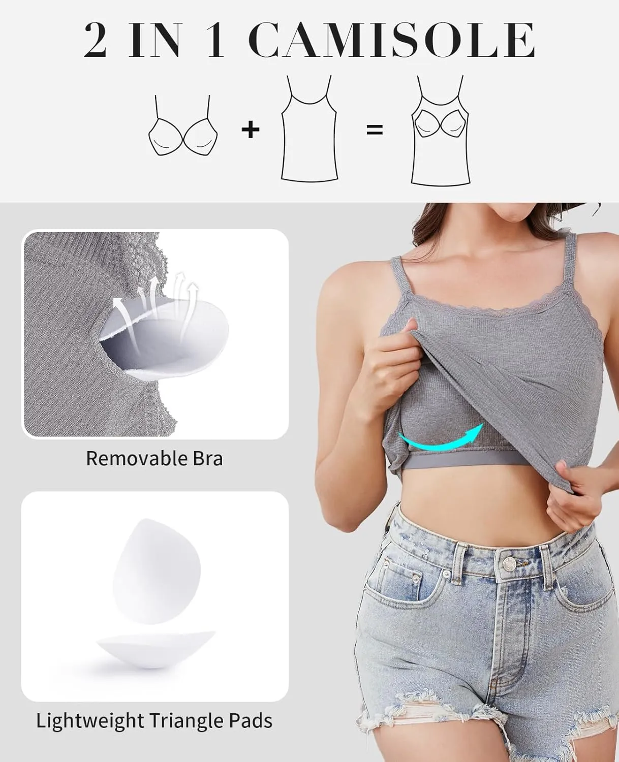 V FOR CITY Camisoles for Women with Built-in Bra Lace Trim Cami Adjustable Spaghetti Strap Lettuce Hem Ribbed Tank Top