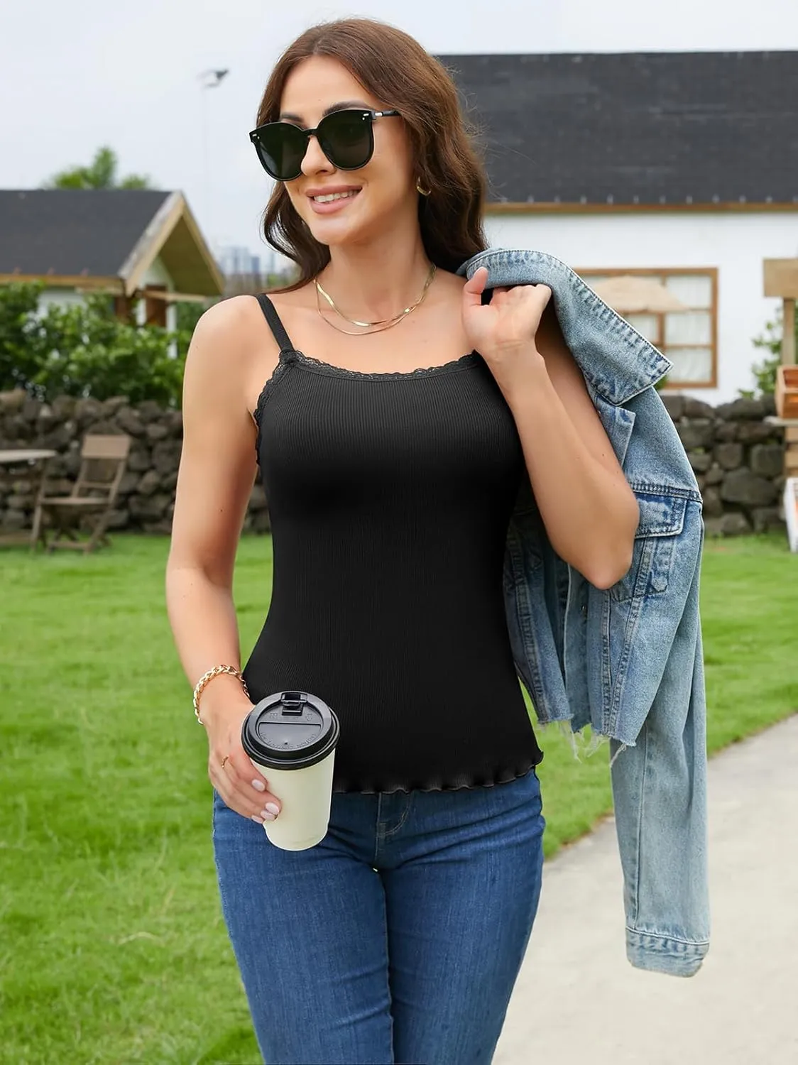 V FOR CITY Camisoles for Women with Built-in Bra Lace Trim Cami Adjustable Spaghetti Strap Lettuce Hem Ribbed Tank Top
