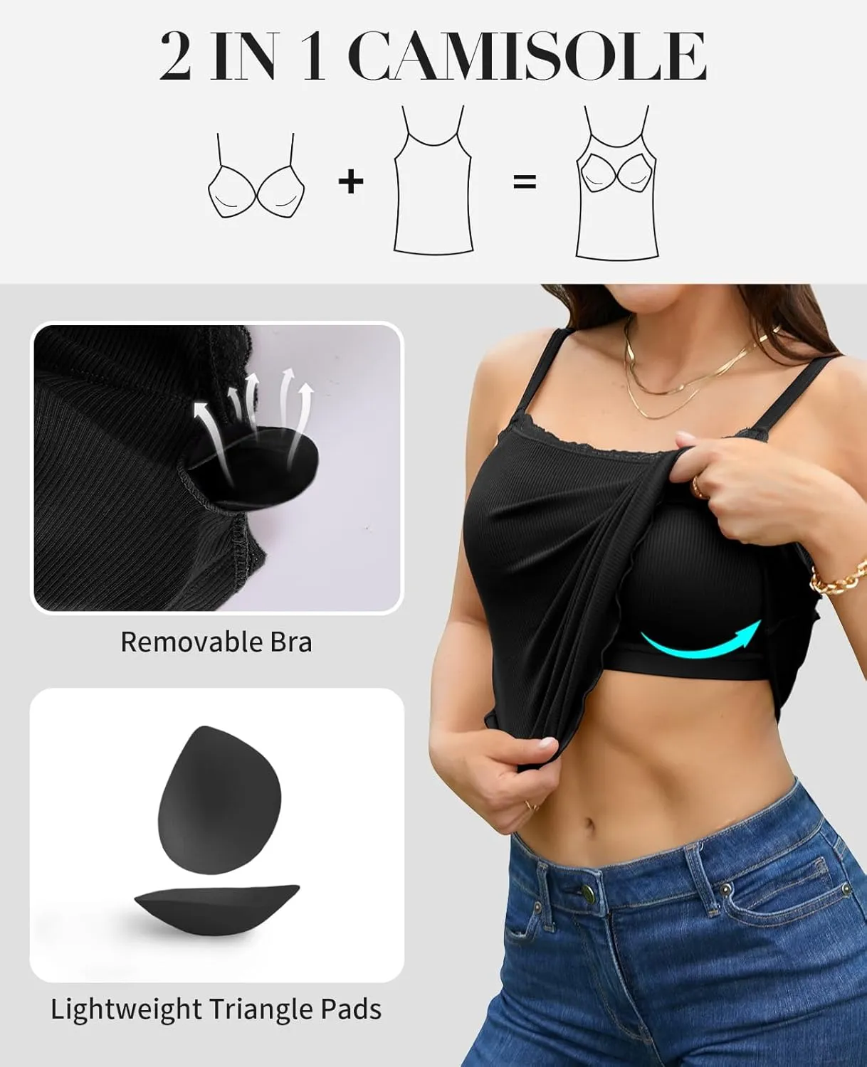 V FOR CITY Camisoles for Women with Built-in Bra Lace Trim Cami Adjustable Spaghetti Strap Lettuce Hem Ribbed Tank Top