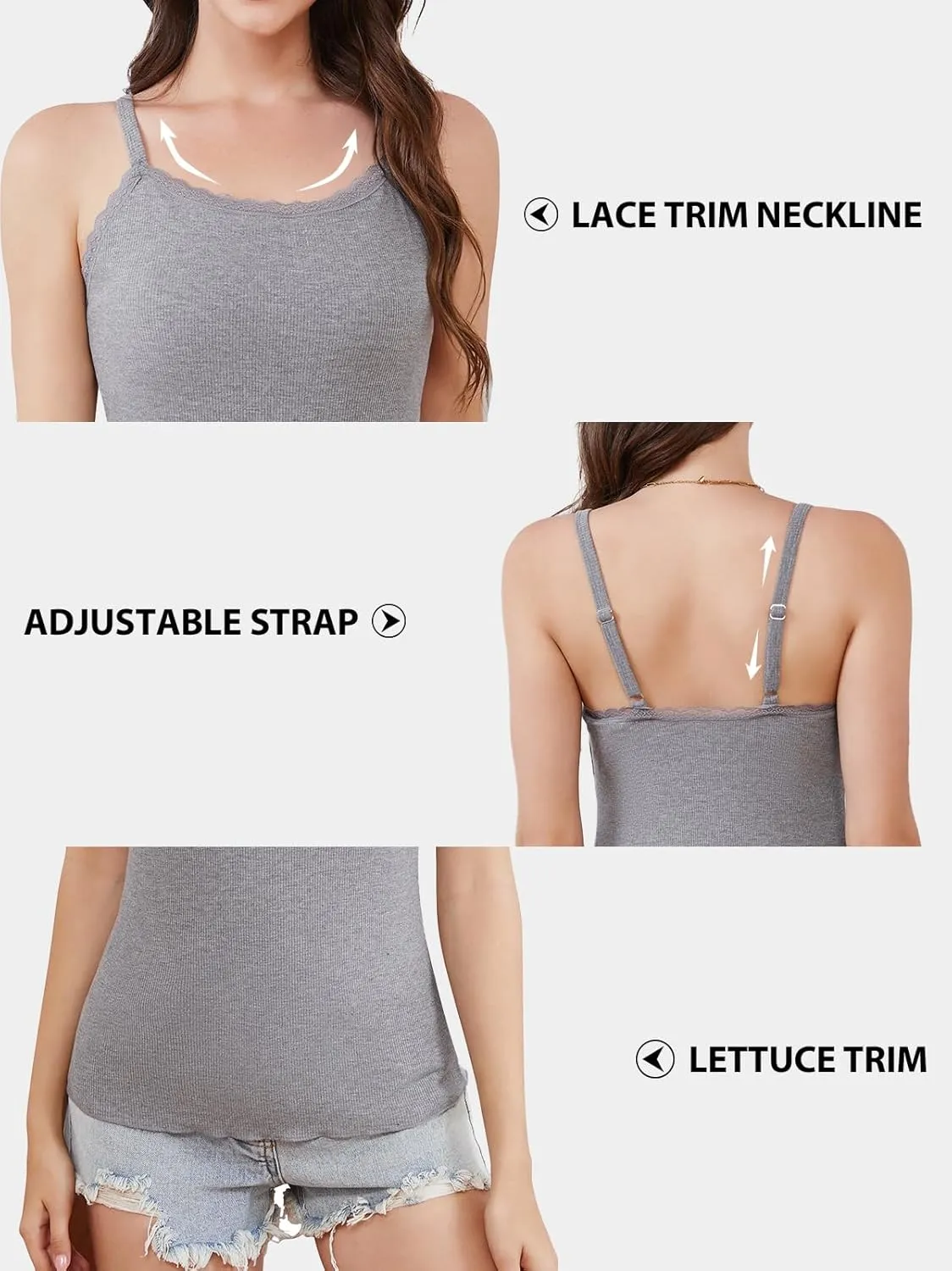 V FOR CITY Camisoles for Women with Built-in Bra Lace Trim Cami Adjustable Spaghetti Strap Lettuce Hem Ribbed Tank Top
