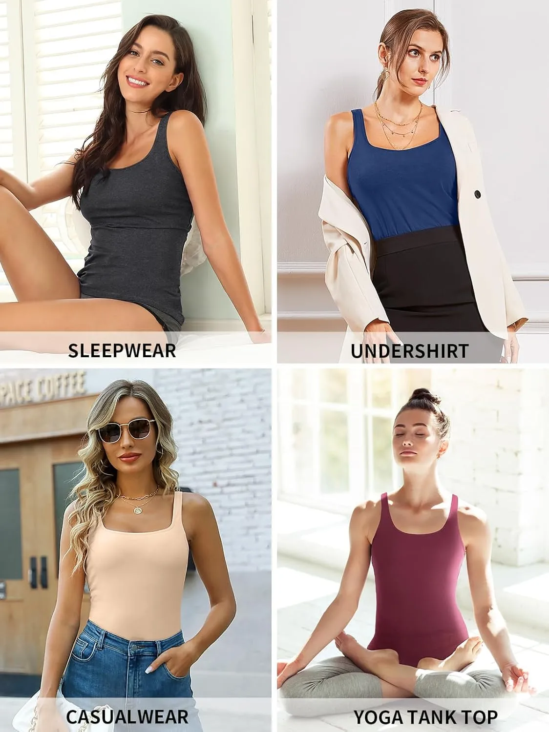 V FOR CITY Women's Cotton Tank Top with Shelf Bra Adjustable Wider Strap Camisole Basic Cami Tanks