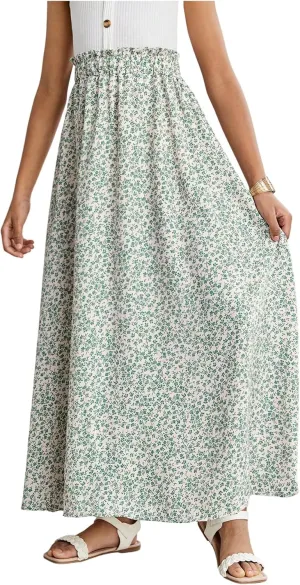 Verdusa Girl's Floral Print Elastic High Waist Ruffle Flowy Long Maxi Skirts