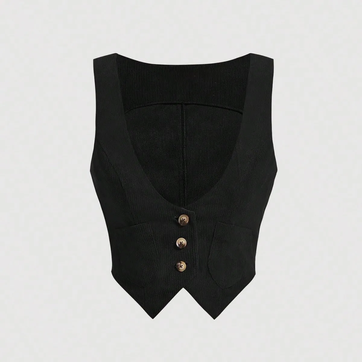 Verdusa Women's Button Front Scoop Neck Sleeveless Patch Pocket Crop Vest Blazer Jacket
