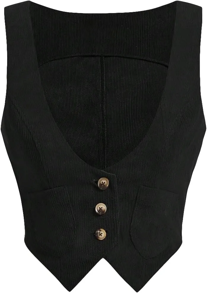 Verdusa Women's Button Front Scoop Neck Sleeveless Patch Pocket Crop Vest Blazer Jacket