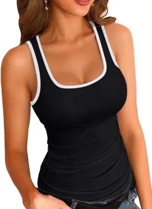 VICHYIE Womens Summer Tank Tops Square Neck Sleeveless Low Cut Sexy Shirts Ribbed Tanks Slim Fitted Casual Basic Tee Shirt