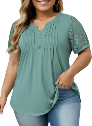 VISLILY Plus-Size-Womens-Summer-Tops Cute Henley V Neck T Shirts Dressy Lace Short Sleeve Blouse Trendy Casual Pleated Tunics