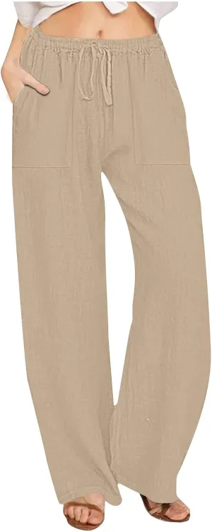 Wide Leg Cotton Linen Pants Women Summer 2025 Casual High Waisted Lounge Pants Beach Trousers Palazzo Sweatpants