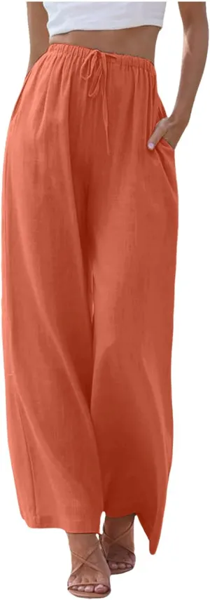 Wide Leg Linen Pants for Women Flowy Summer High Waisted Beach Palazzo Trousers Loose Preppy Yoga Pants Trendy Womens Fashion