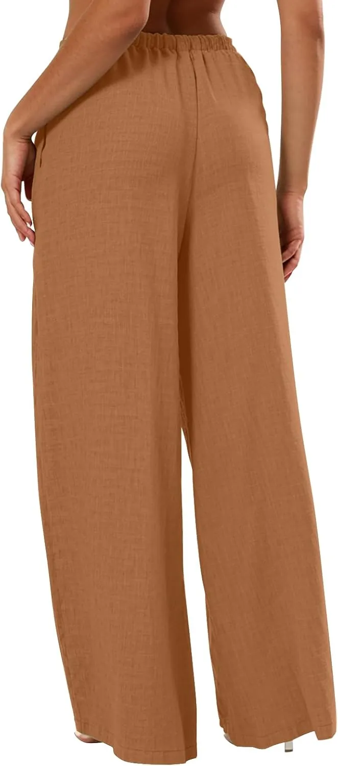 Wide Leg Linen Pants for Women Loose Drawstring High Waisted Palazzo Pants with Pockets Summer Causal Yoga Work Pants