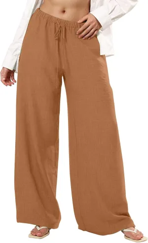 Wide Leg Linen Pants for Women Loose Drawstring High Waisted Palazzo Pants with Pockets Summer Causal Yoga Work Pants