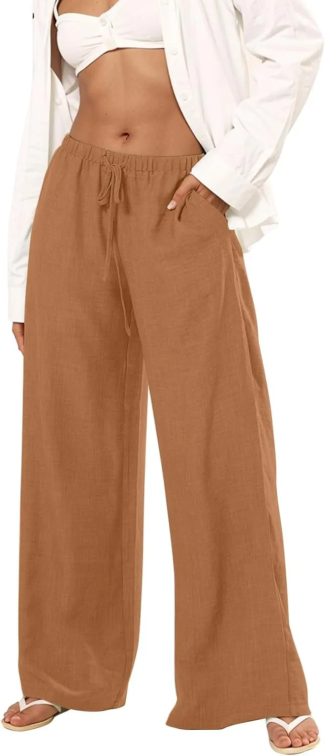 Wide Leg Linen Pants for Women Loose Drawstring High Waisted Palazzo Pants with Pockets Summer Causal Yoga Work Pants