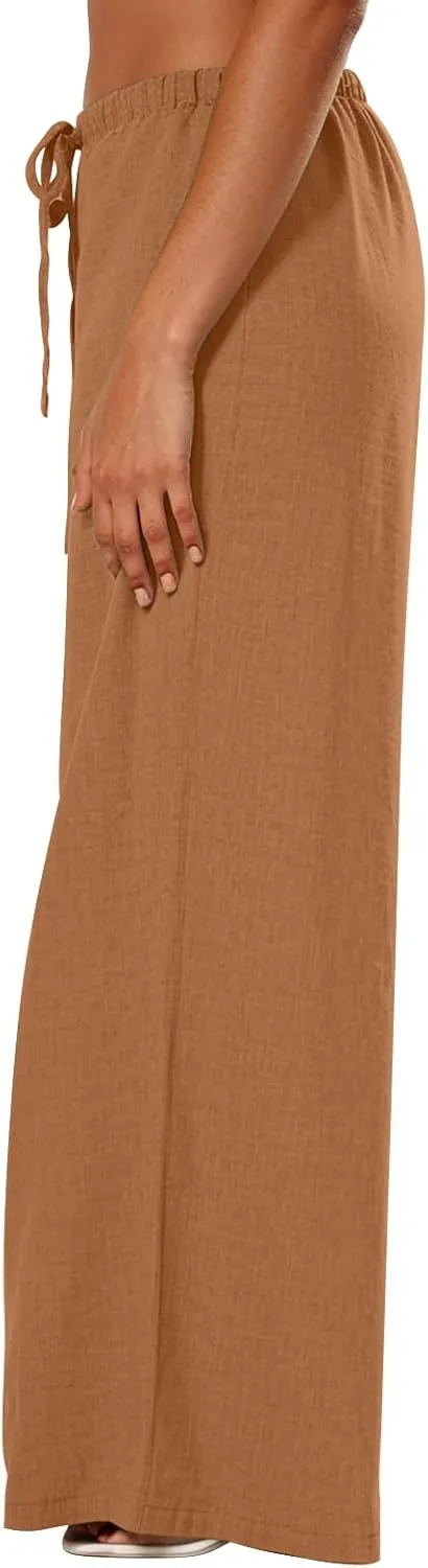 Wide Leg Linen Pants for Women Loose Drawstring High Waisted Palazzo Pants with Pockets Summer Causal Yoga Work Pants