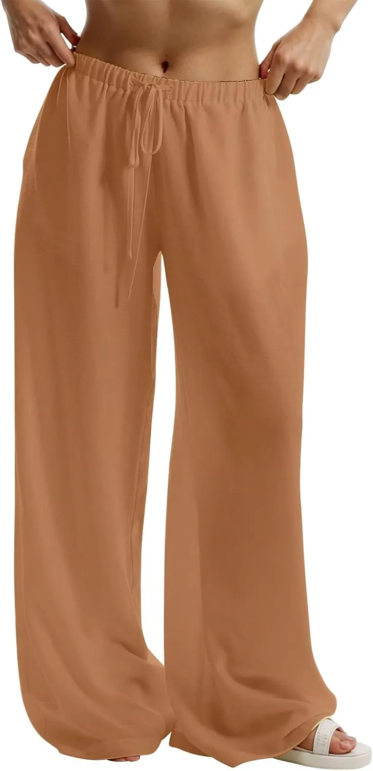 Wide Leg Linen Pants for Women Loose Drawstring High Waisted Palazzo Pants with Pockets Summer Causal Yoga Work Pants