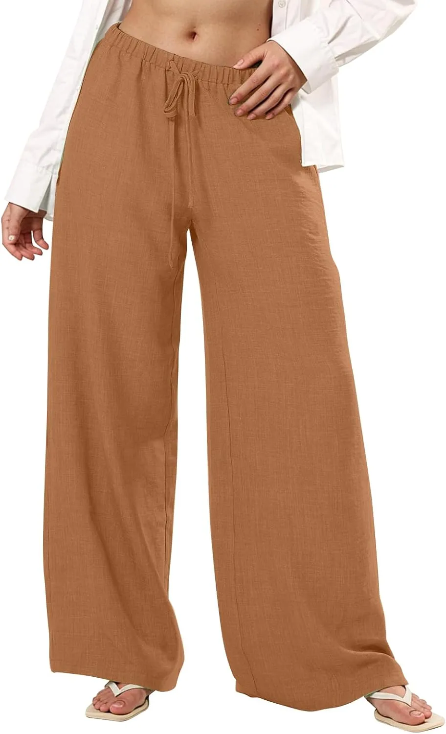 Wide Leg Linen Pants for Women Loose Drawstring High Waisted Palazzo Pants with Pockets Summer Causal Yoga Work Pants