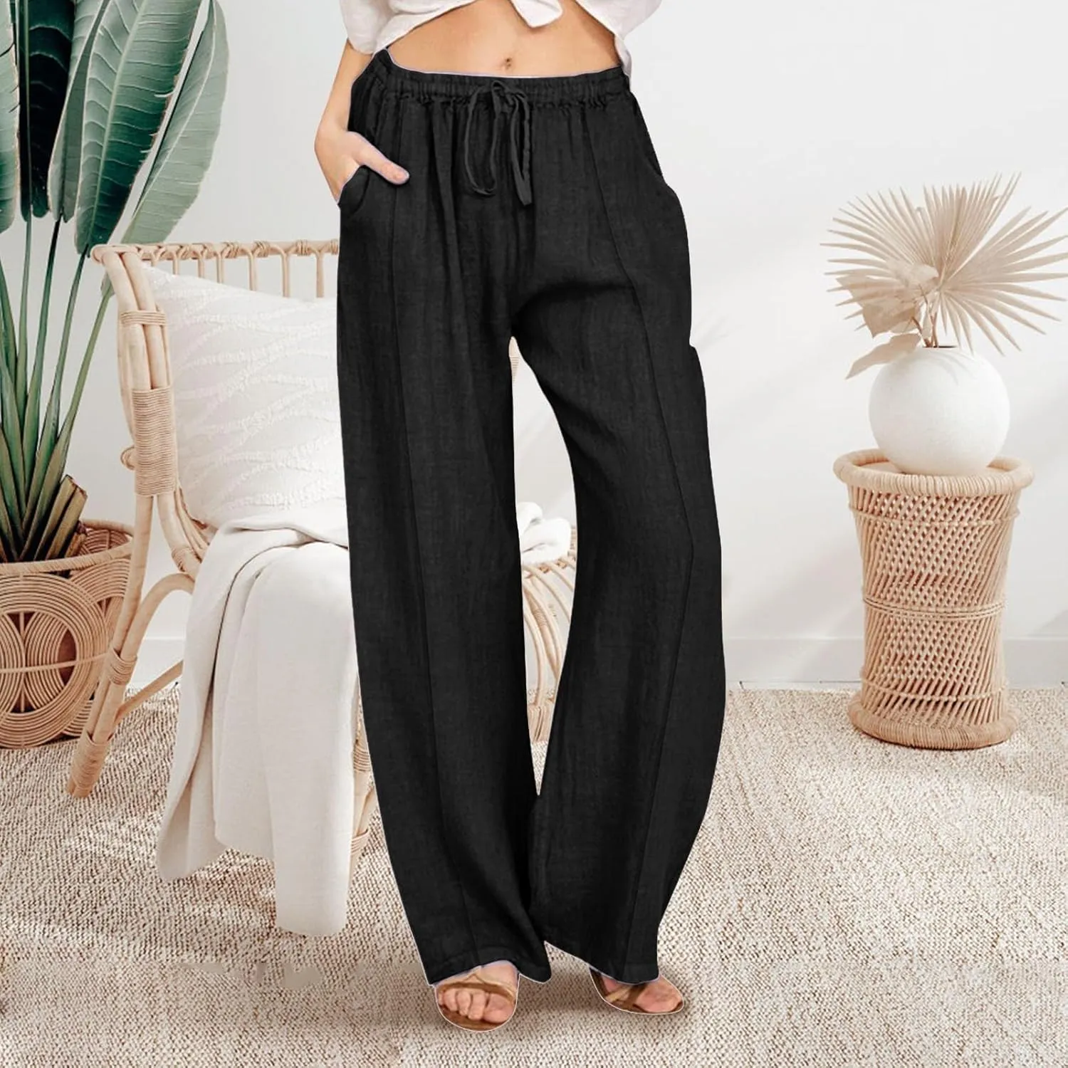 Wide Leg Linen Pants for Women Palazzo Casual Flowy Pants High Waisted Drawstring Lounge Comfy Trousers with Pockets