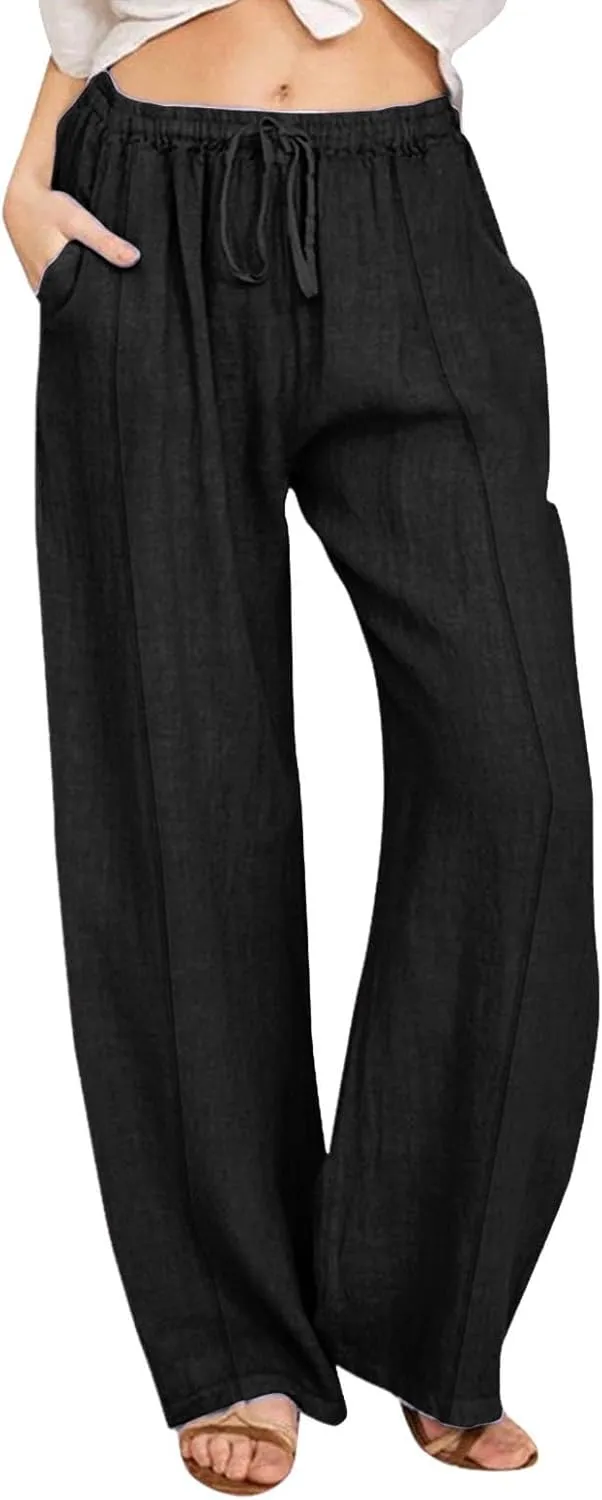 Wide Leg Linen Pants for Women Palazzo Casual Flowy Pants High Waisted Drawstring Lounge Comfy Trousers with Pockets