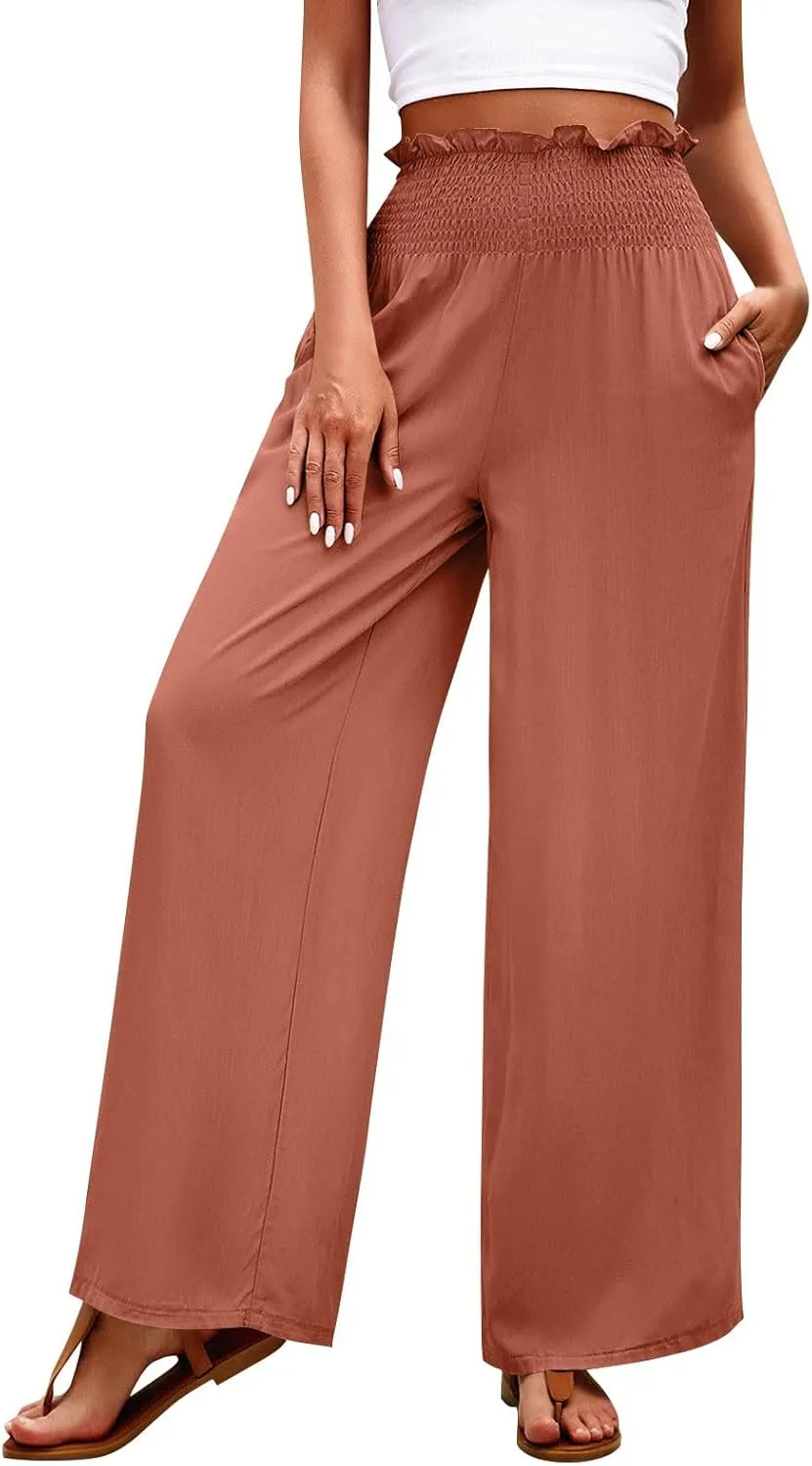 Wide Leg Pants for Women Cotton Linen Summer Pants Casual Elastic Waist High Waisted with Pockets Soft Solid Trouser
