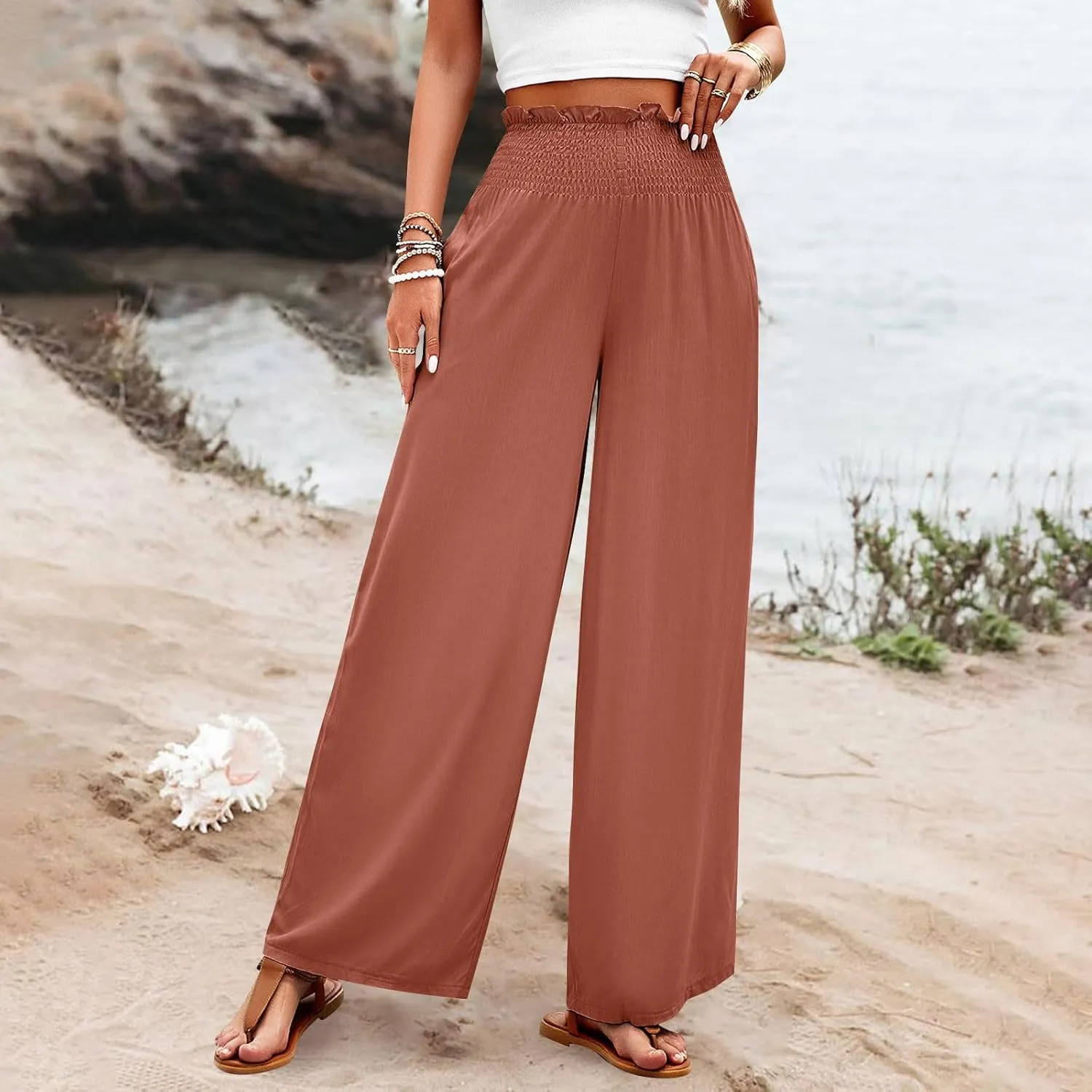 Wide Leg Pants for Women Cotton Linen Summer Pants Casual Elastic Waist High Waisted with Pockets Soft Solid Trouser