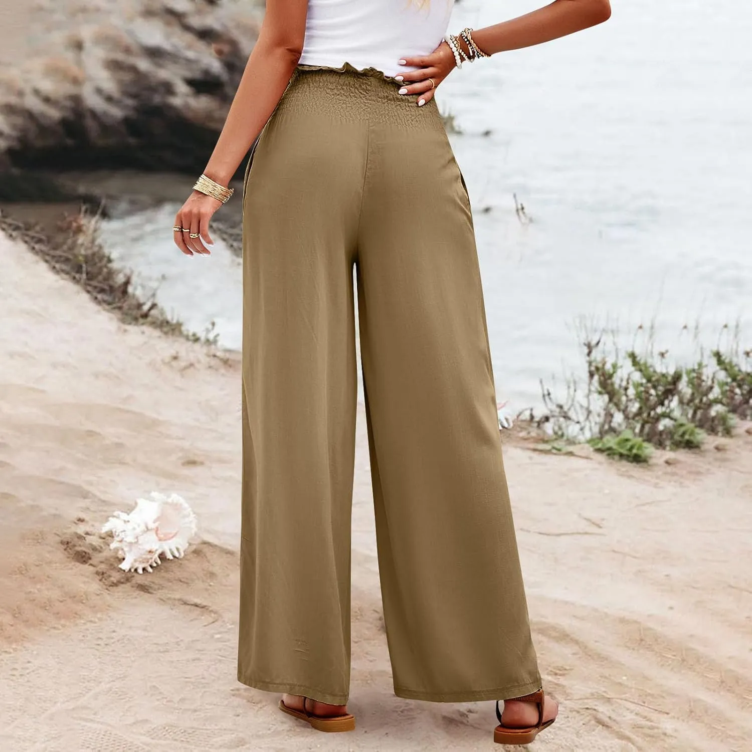 Wide Leg Pants for Women Cotton Linen Summer Pants Casual Elastic Waist High Waisted with Pockets Soft Solid Trouser