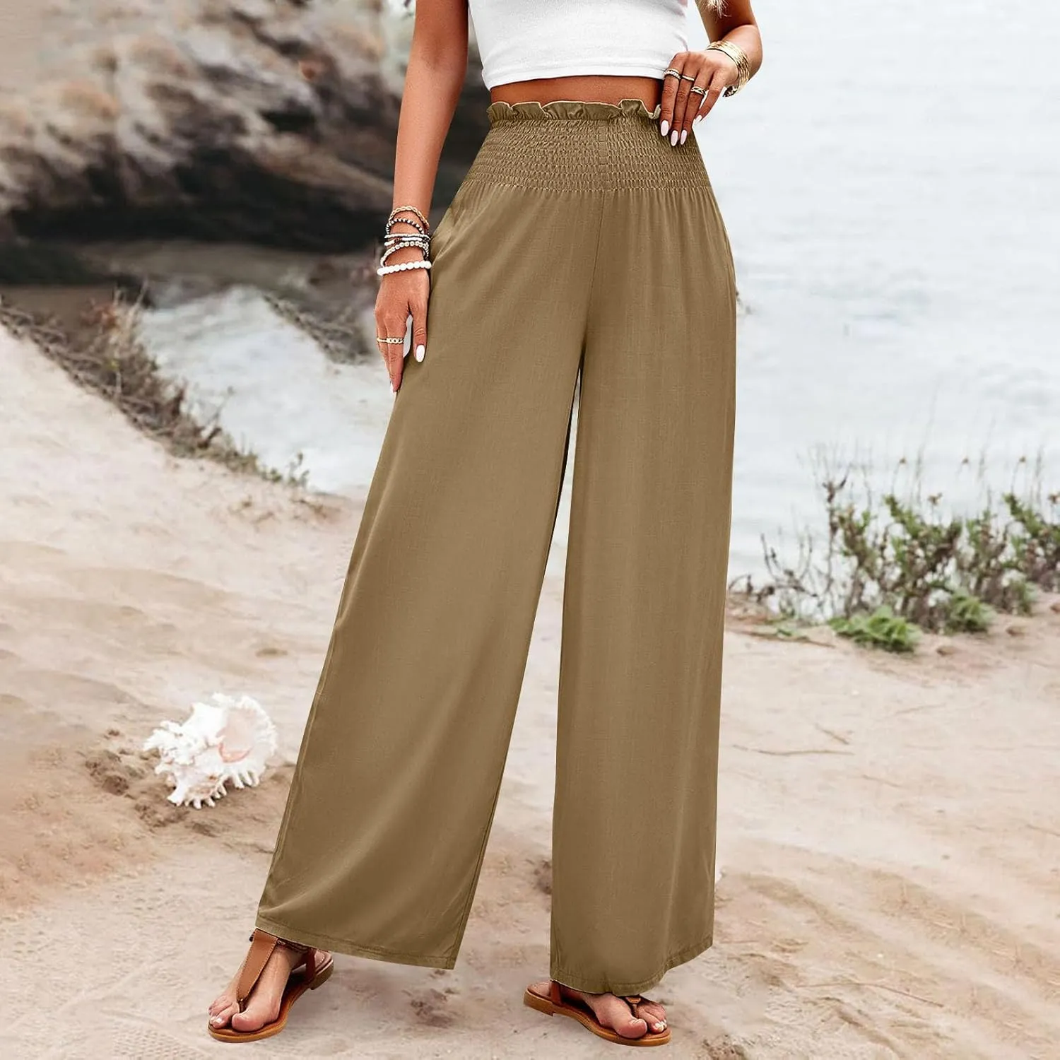 Wide Leg Pants for Women Cotton Linen Summer Pants Casual Elastic Waist High Waisted with Pockets Soft Solid Trouser