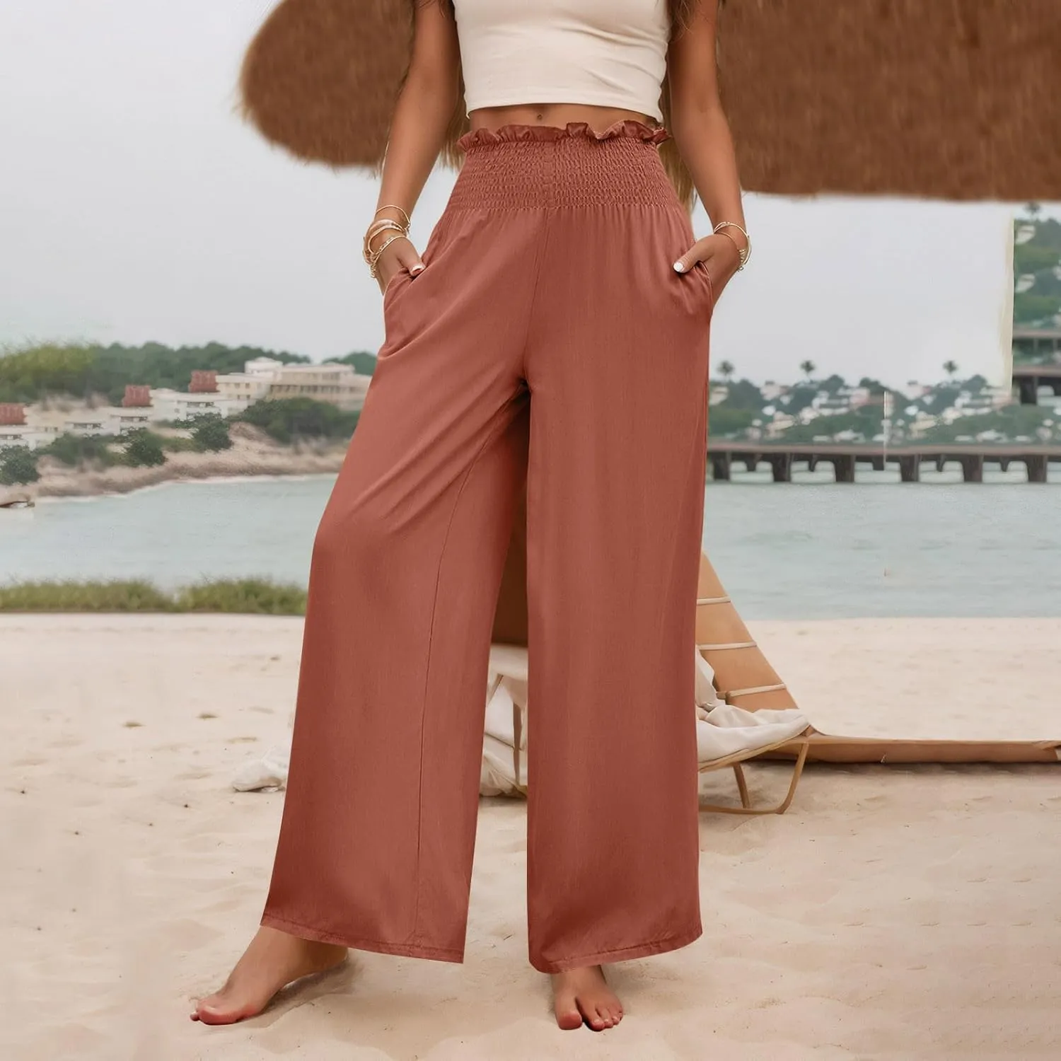 Wide Leg Pants for Women Cotton Linen Summer Pants Casual Elastic Waist High Waisted with Pockets Soft Solid Trouser