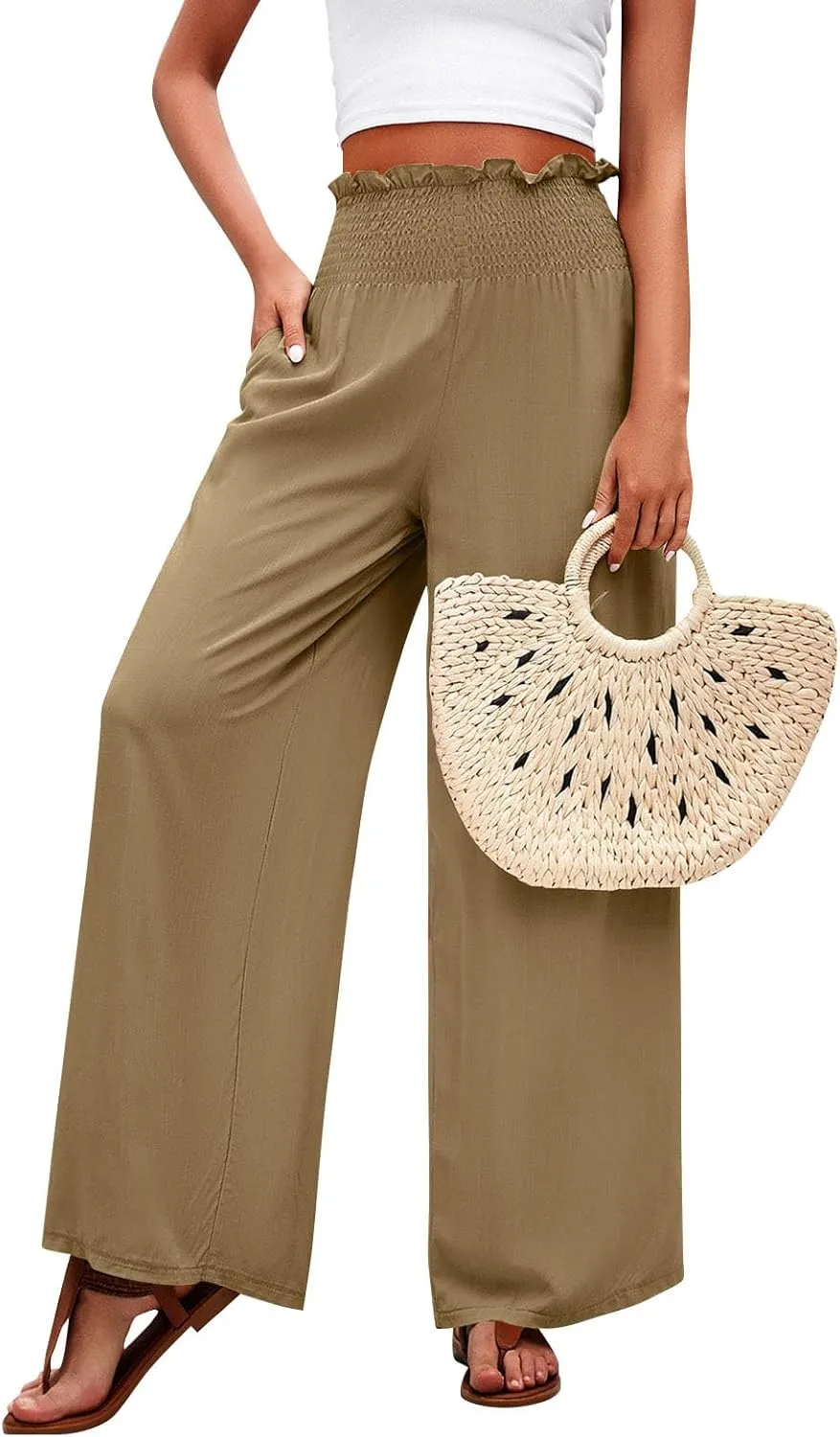Wide Leg Pants for Women Cotton Linen Summer Pants Casual Elastic Waist High Waisted with Pockets Soft Solid Trouser