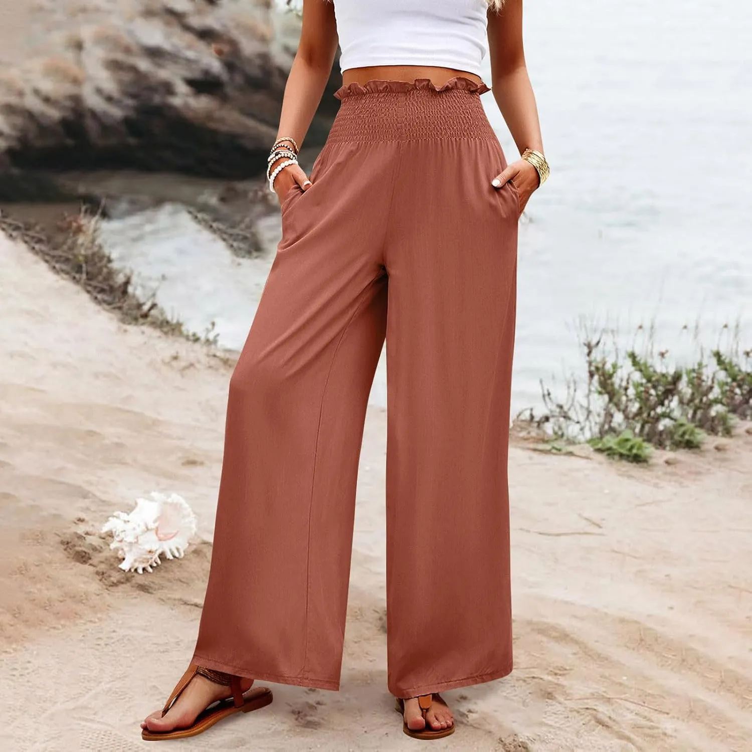 Wide Leg Pants for Women Cotton Linen Summer Pants Casual Elastic Waist High Waisted with Pockets Soft Solid Trouser
