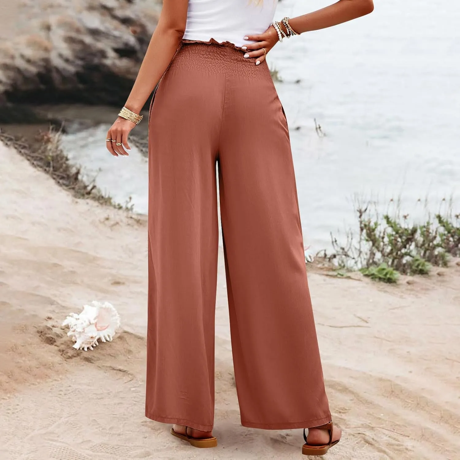 Wide Leg Pants for Women Cotton Linen Summer Pants Casual Elastic Waist High Waisted with Pockets Soft Solid Trouser