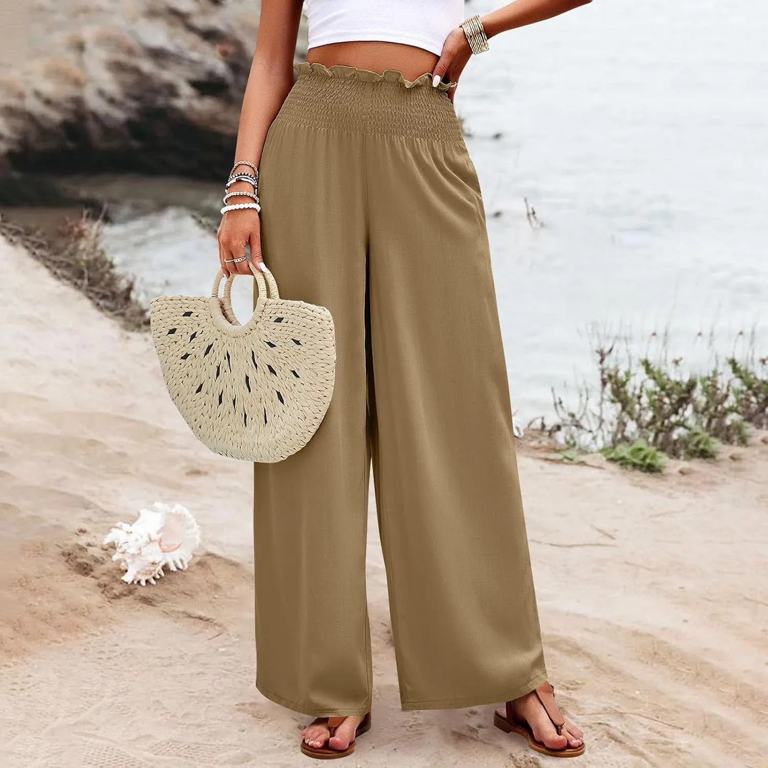 Wide Leg Pants for Women Cotton Linen Summer Pants Casual Elastic Waist High Waisted with Pockets Soft Solid Trouser