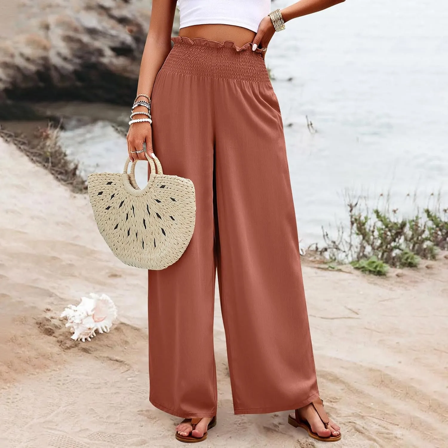 Wide Leg Pants for Women Cotton Linen Summer Pants Casual Elastic Waist High Waisted with Pockets Soft Solid Trouser