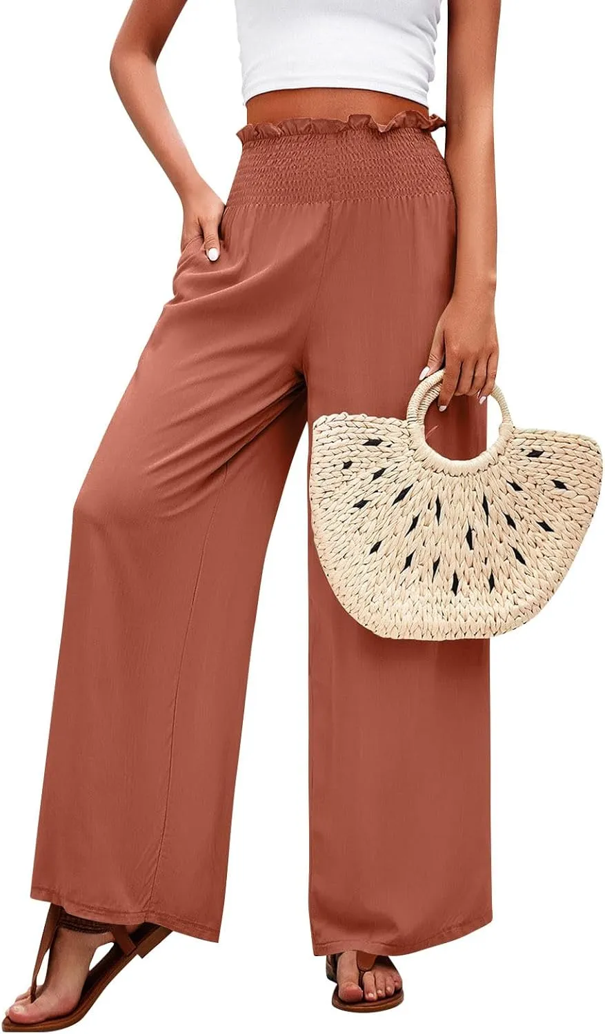 Wide Leg Pants for Women Cotton Linen Summer Pants Casual Elastic Waist High Waisted with Pockets Soft Solid Trouser