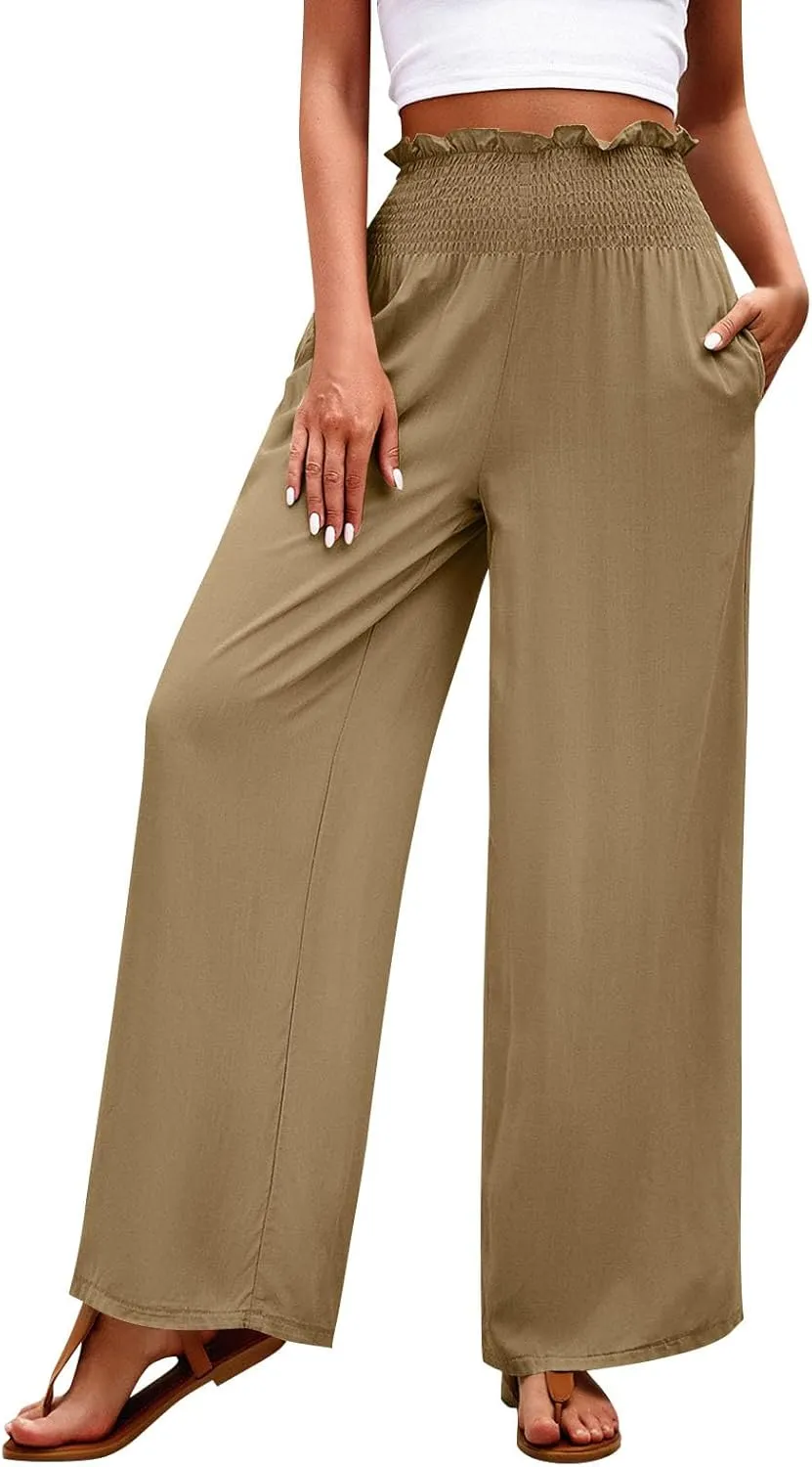 Wide Leg Pants for Women Cotton Linen Summer Pants Casual Elastic Waist High Waisted with Pockets Soft Solid Trouser