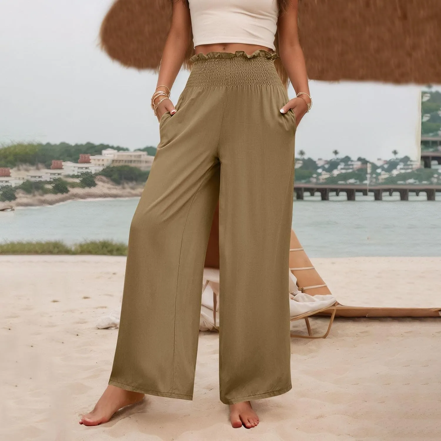 Wide Leg Pants for Women Cotton Linen Summer Pants Casual Elastic Waist High Waisted with Pockets Soft Solid Trouser