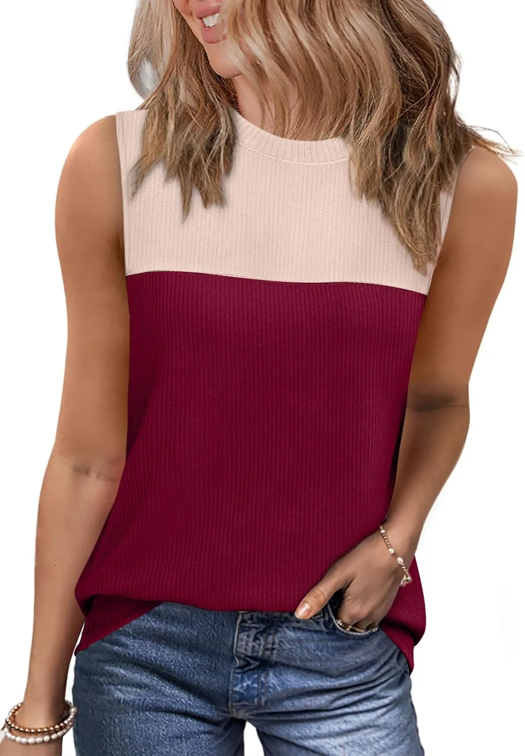 WIHOLL Tank Top for Women Casual Knitted Summer Sleeveless Tops Crewneck Spring Color Block Shirts Fashion 2025