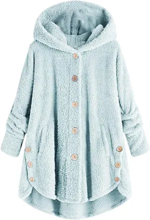 Winter Jackets for Women Fleece Button Jacket with Pockets Oversized Long Sherpa Hoodie Fuzzy Jacket Warm Teddy Coat