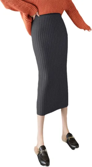 Winter Thickening Women Knitted Skirts Female High Waist Office Ladies Elastic Knitting Midi Length Skirt