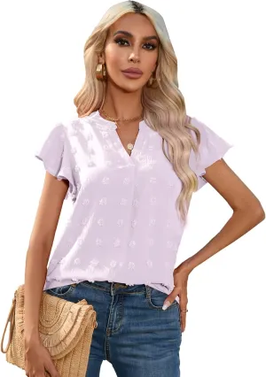 Women 2023 Summer V Neck Ruffle Short Sleeve Blouse Swiss Dot Flowy Shirt Tunic Tops Loose Fit T-Shirt
