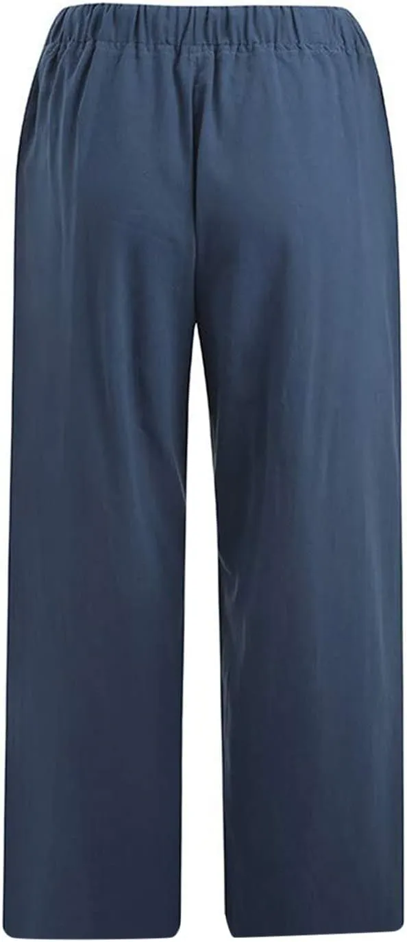 Women Cotton Linen Capris Casual Summer High Waisted Drawstring Carpi Pants Loose Comfy Cropped Trousers