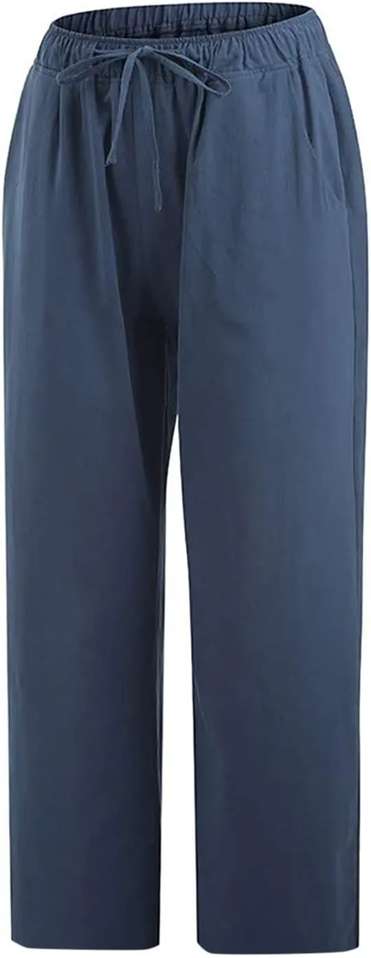 Women Cotton Linen Capris Casual Summer High Waisted Drawstring Carpi Pants Loose Comfy Cropped Trousers
