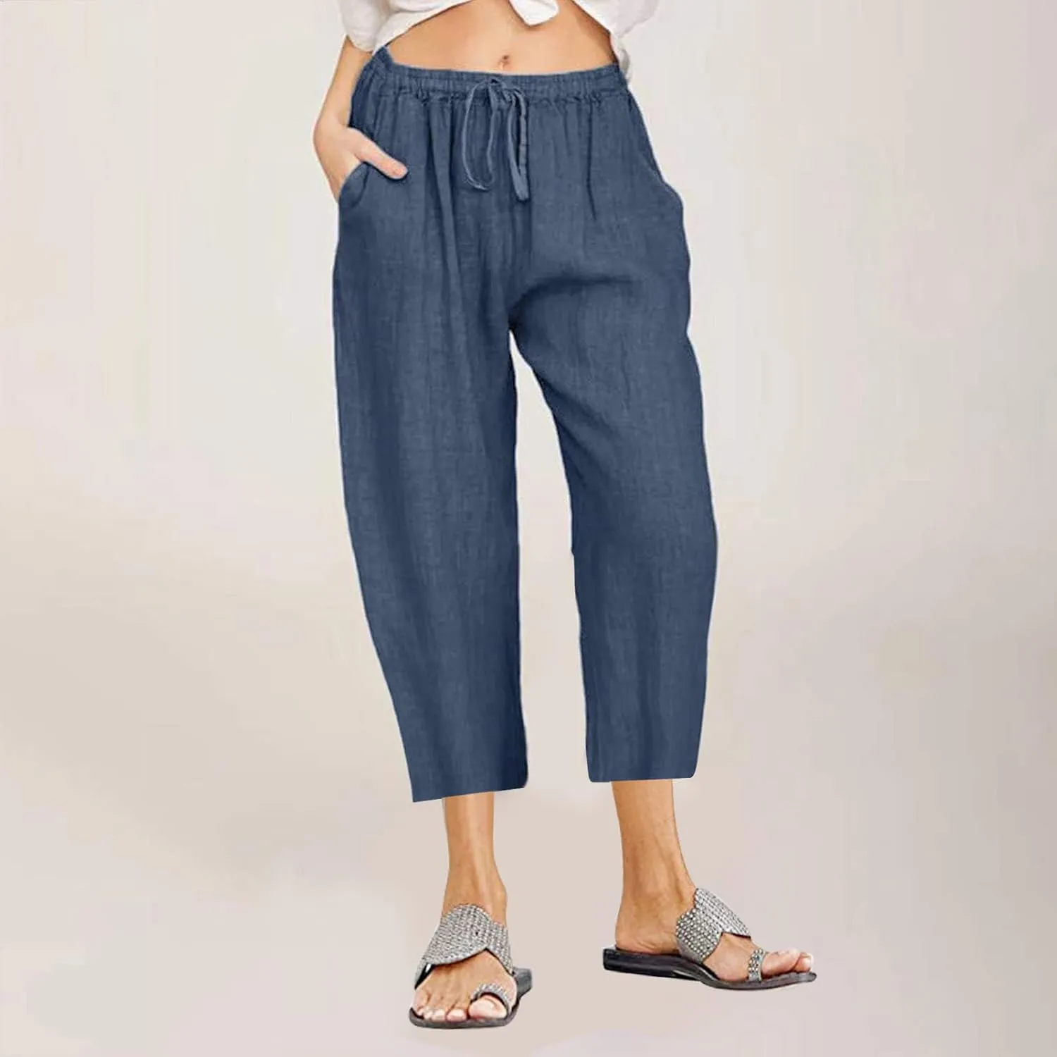 Women Cotton Linen Capris Casual Summer High Waisted Drawstring Carpi Pants Loose Comfy Cropped Trousers