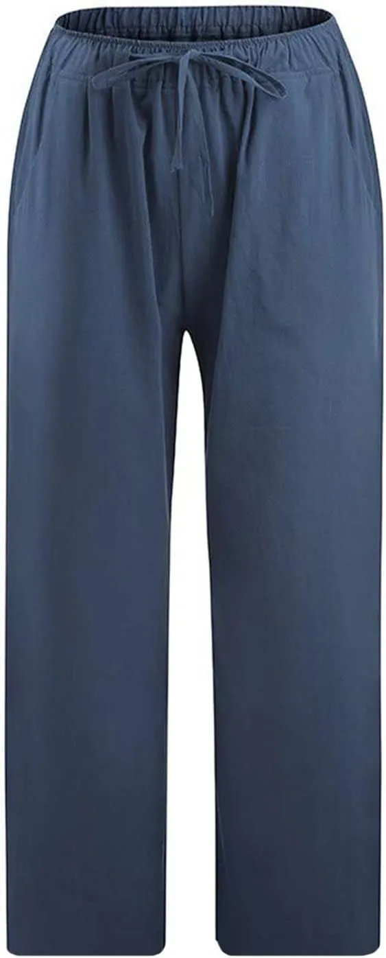 Women Cotton Linen Capris Casual Summer High Waisted Drawstring Carpi Pants Loose Comfy Cropped Trousers